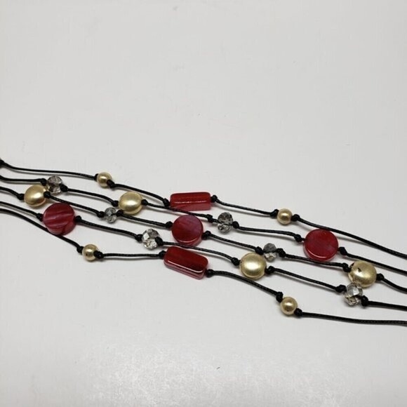 Women's Layered Black cord, Gold tone, Red & Clear Beads Bracelet, magnetic lock - Picture 2 of 10